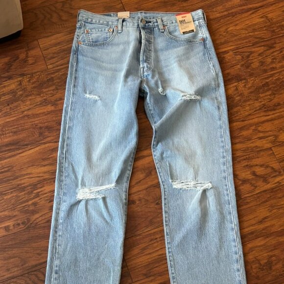 LEVI'S 501 93' straight Jeans Original Button Fly 36X30 light wash distressed - Picture 2 of 8